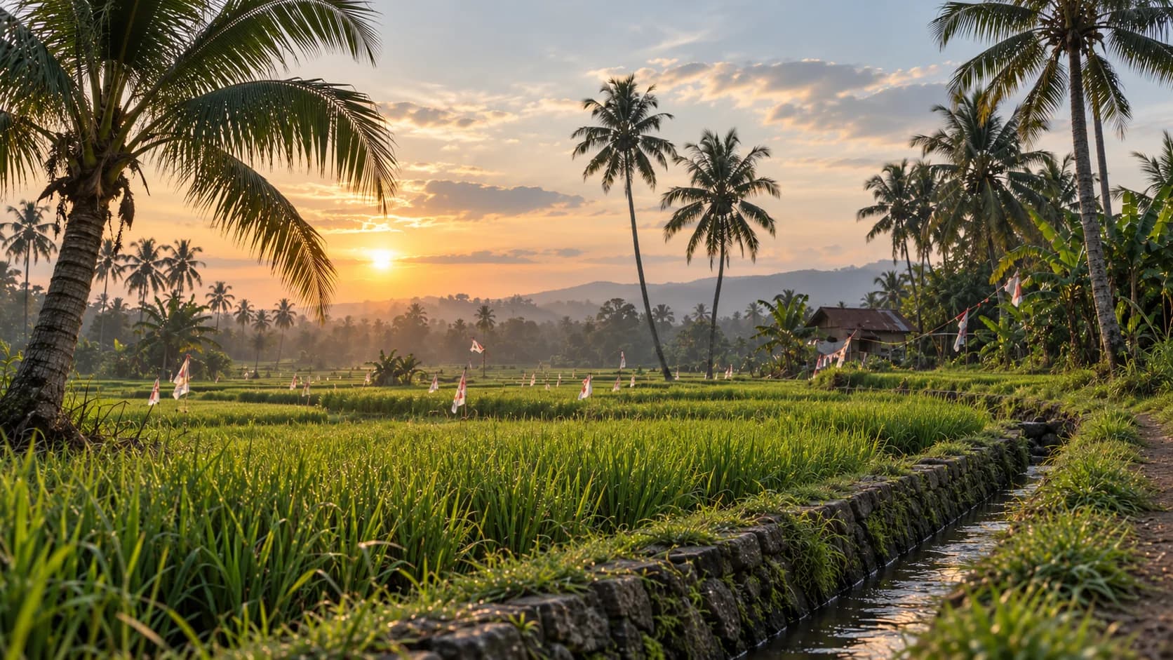 Sawah hijau di Taratara II dengan deretan pohon kelapa saat senja