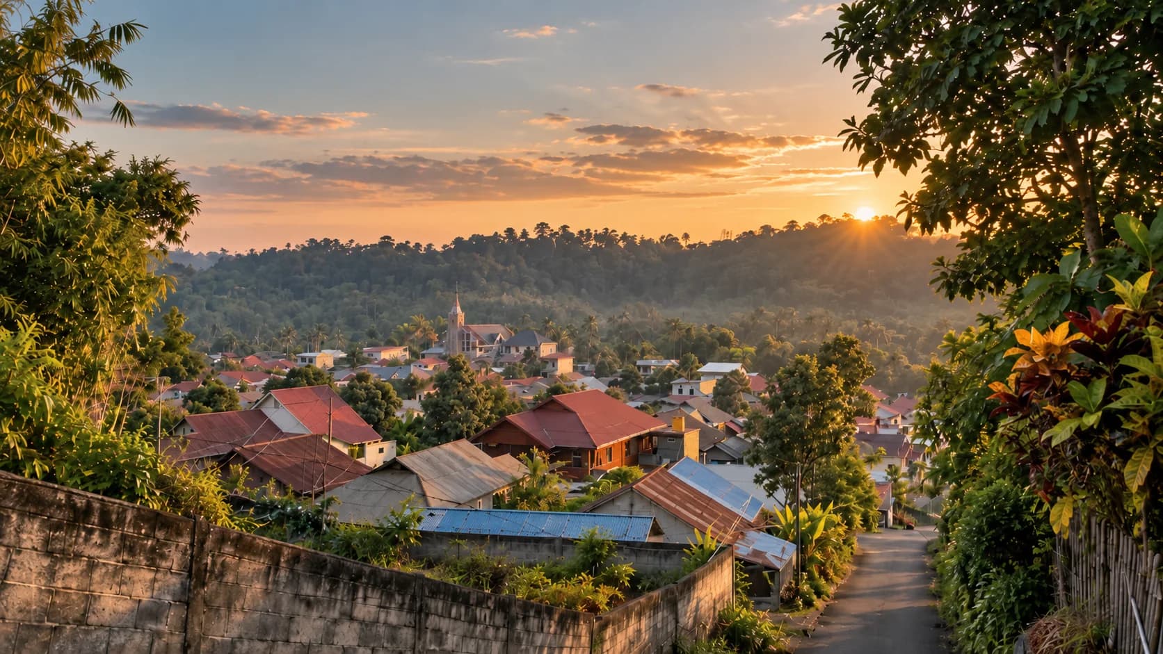 Permukiman Taratara II di lembah saat senja, dengan gereja dan perbukitan hijau